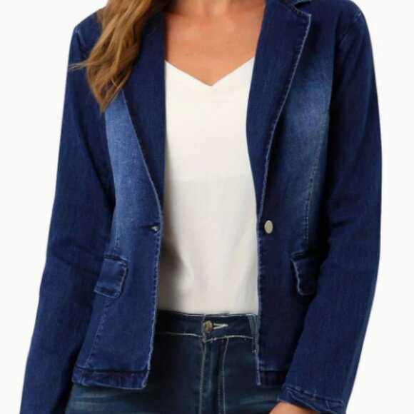 Women's Notched Lapel One Button Long Sleeve Washed Denim Blazer - Picture 5 of 6